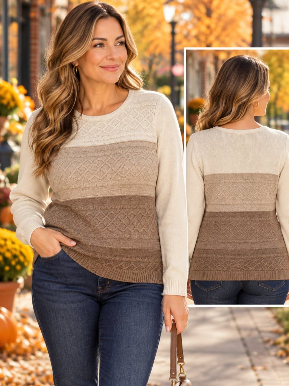 Alfred Dunner Petite Colorblock Cable Knit Sweater PL Cotton Blend